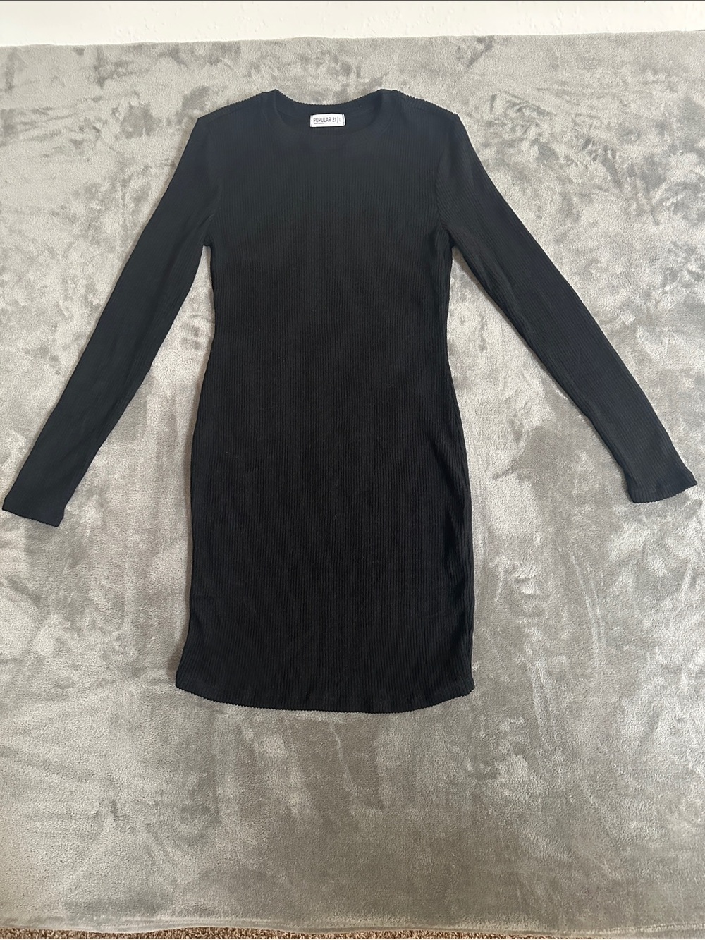 Black Ribbed Long-Sleeve Bodycon Dress — Minimal Crewneck
